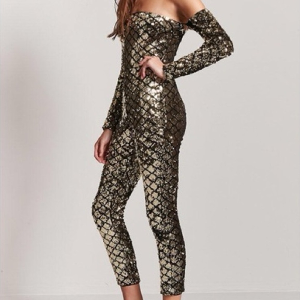 Sequin Black and Gold Women's Jumpsuit w/ Detached Sleeves